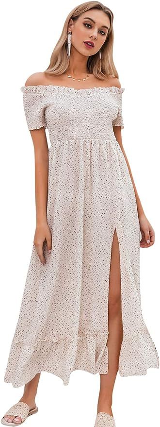 Miessial Women's Polka Dot Off Shoulder Long Dress Cute Summer Split Maxi Dress | Amazon (US)