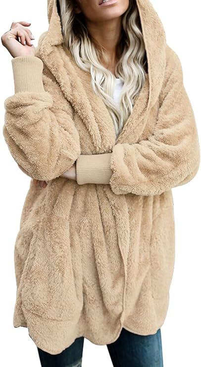 Dokotoo Womens 2023 Winter Long Sleeve Solid Fuzzy Fleece Open Front Hooded Cardigans Jacket Coat... | Amazon (US)