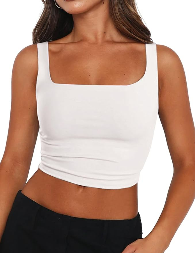 Zeagoo Women's Square Neck Crop Tops Cute Double Layer Casual Slim Tank | Amazon (US)
