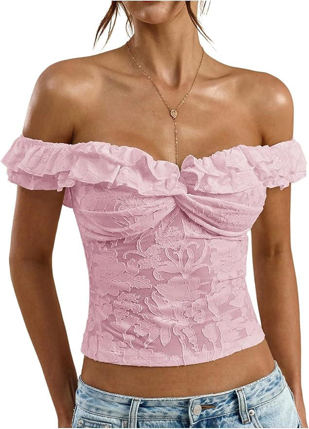 OYOANGLE Women's Floral Jacquard Short Sleeve Off the Shoulder Crop Top Ruffle Fitted Tee Shirts ... | Amazon (US)