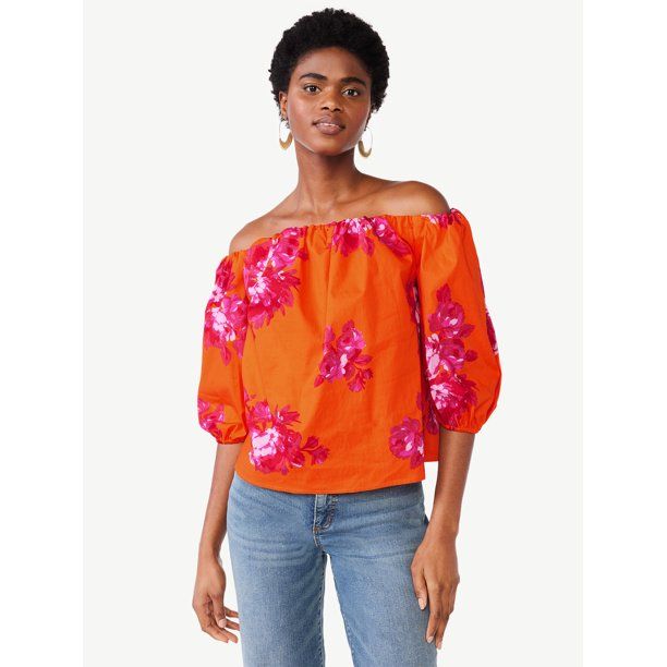 Scoop Women's Off the Shoulder Poplin Top with Puff Sleeves, Sizes XS-XXL - Walmart.com | Walmart (US)