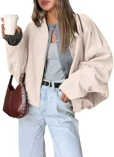 Trendy Queen Womens Faux Suede Bomber Jacket Fall Oversized Zip Up Cropped Jackets Winter Motorcy... | Amazon (US)