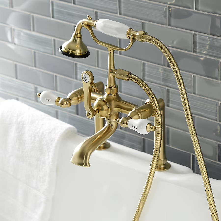 Kingston Brass Aqua Vintage Brushed brass 3-handle Deck-mount Roman Low-arc Bathtub Faucet with H... | Lowe's