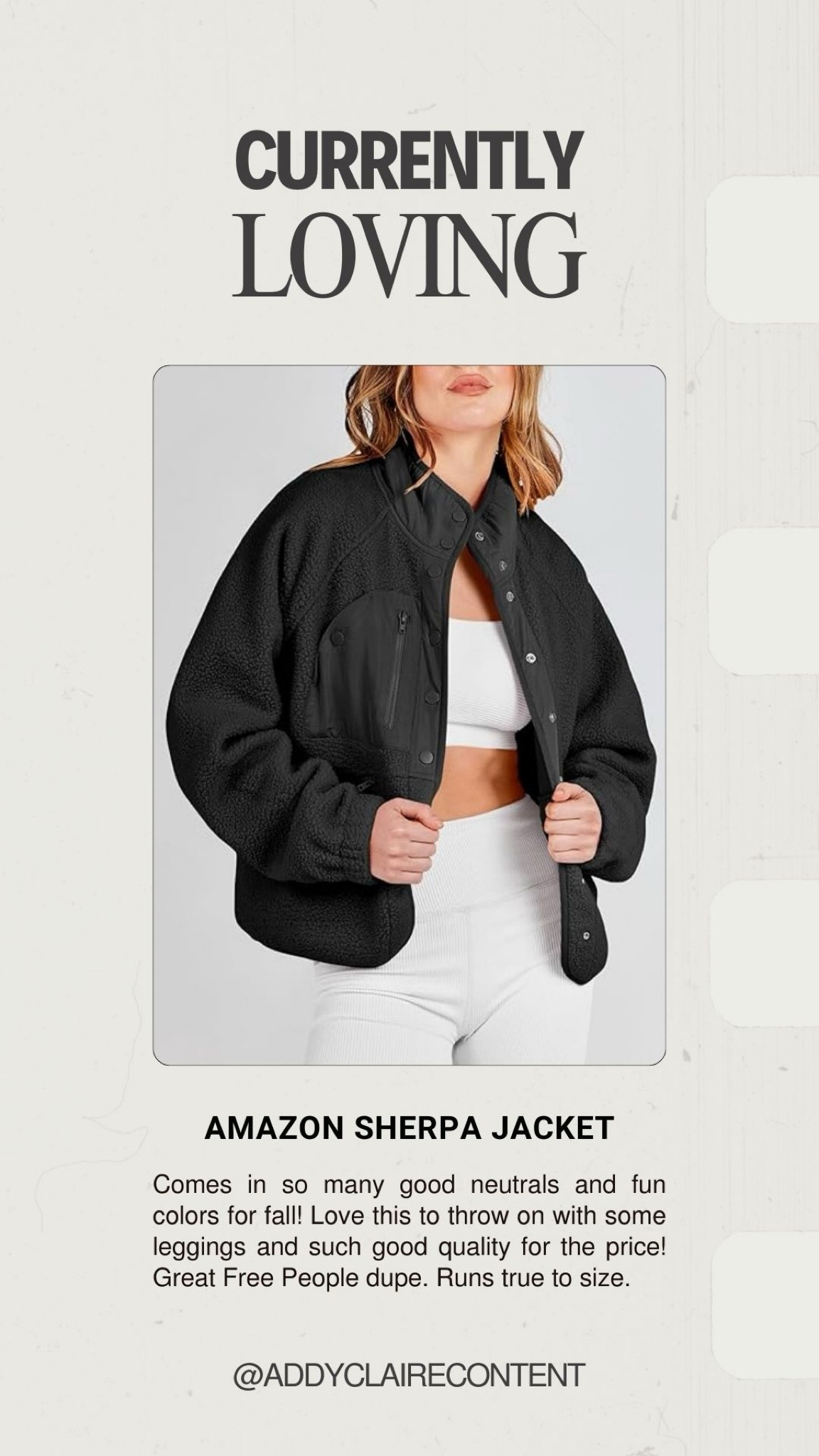 Currently loving this Amazon Sherpa Jacket! 🖤✨ 

I adore this jacket for so many reasons! It comes in a variety of good neutrals and fun colors, making it super versatile for fall. The cozy sherpa fabric is perfect for layering, and it adds a stylish touch to any outfit. I love throwing it on over leggings and a basic top—it’s the ideal combo of comfort and chic!

Plus, it runs true to size and is such a great quality for the price. If you're looking for a go-to jacket this season, this is it! #CurrentlyLoving #SherpaJacket #FallFashion #AmazonFinds

#LTKStyleTip #LTKSeasonal #LTKFindsUnder50