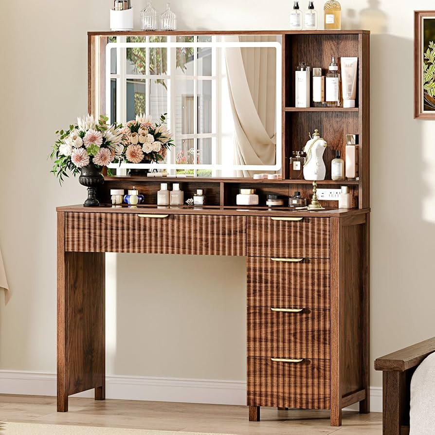 43.3'' Vanity Desk with Mirror and Lights, with Glass Tabletop, with 5 Drawers & Shelves,Makeup V... | Amazon (US)