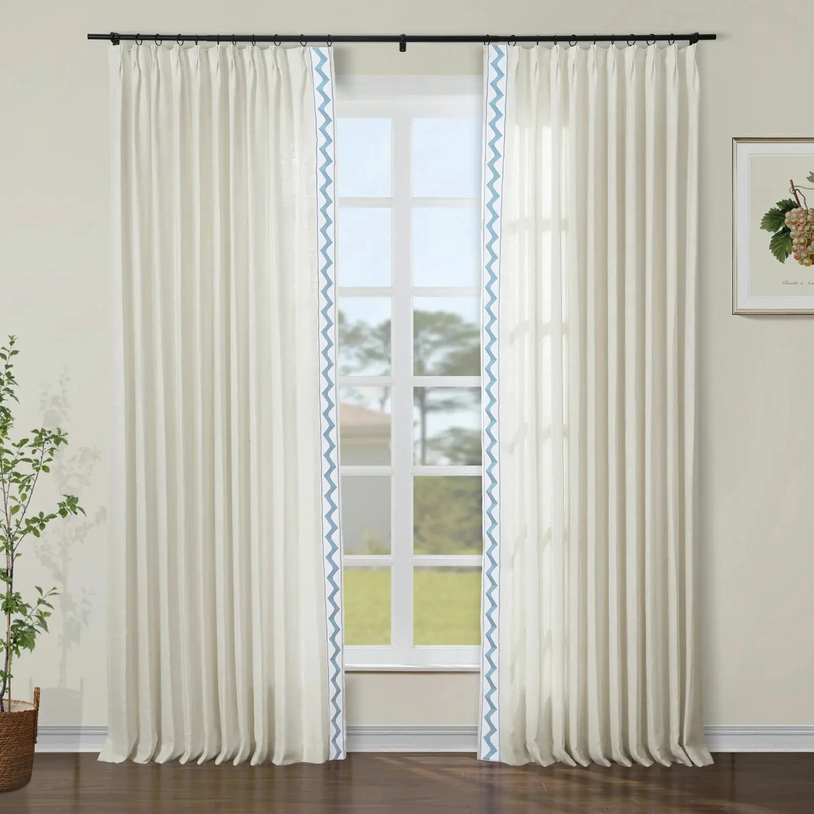 Liz Linen Curtains with Border Trim (Sold per Pair) - Sand Beige 1908-3 | TWOPAGES