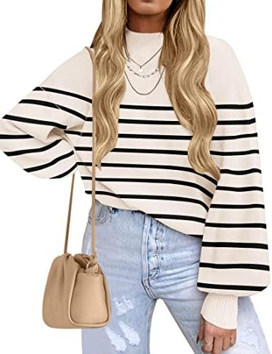 ZESICA Women's 2023 Casual Turtleneck Long Lantern Sleeve Oversized Ribbed Knit Pullover Sweater ... | Amazon (US)