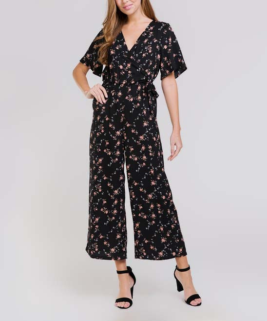Polagram Women's Jumpsuits BLACK - Black Floral Tie-Waist V-Neck Jumpsuit - Women | Zulily