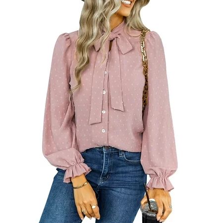 JustVH Women Bow Tie-Front Ruffle Lantern Sleeve Long Sleeve Loose Casual Shirt | Walmart (US)