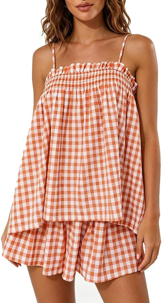 Lordree Women Striped Pajama Set Ruffle Hem Spaghetti Strap Cami Top Wide Leg Shorts Set Y2k 2 Pi... | Amazon (US)