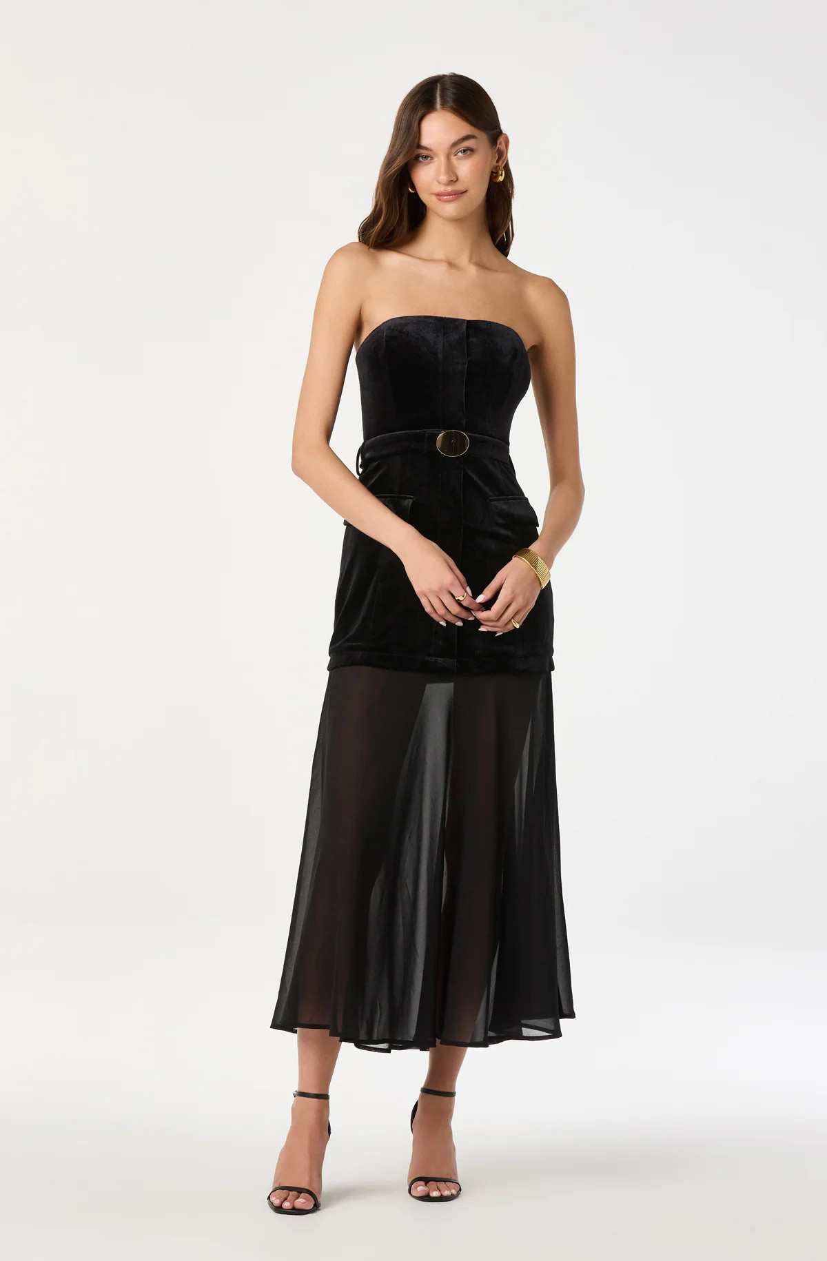 Strapless Contrast Velvet Belted Dress - Black / XS | ASTR The Label (US)