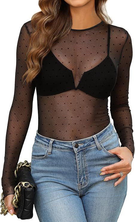 OFEEFAN Womens Mesh Tops Lace Long Sleeve Shirts Crewneck Slim Fitted Outfits See Through Blouses | Amazon (US)