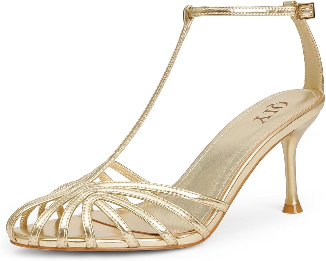 Strappy Heels for Women Cage Round Toe Heel Sandals Ankle T Strap Stiletto High Heels Dress Shoes | Amazon (US)