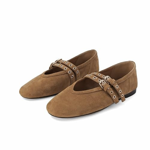 SOVANYOU Brown Suede Mary Jane Flats for Women Round Toe Ballet Flats with Double Buckle Strap Leather Ballerina Shoes | Amazon (US)