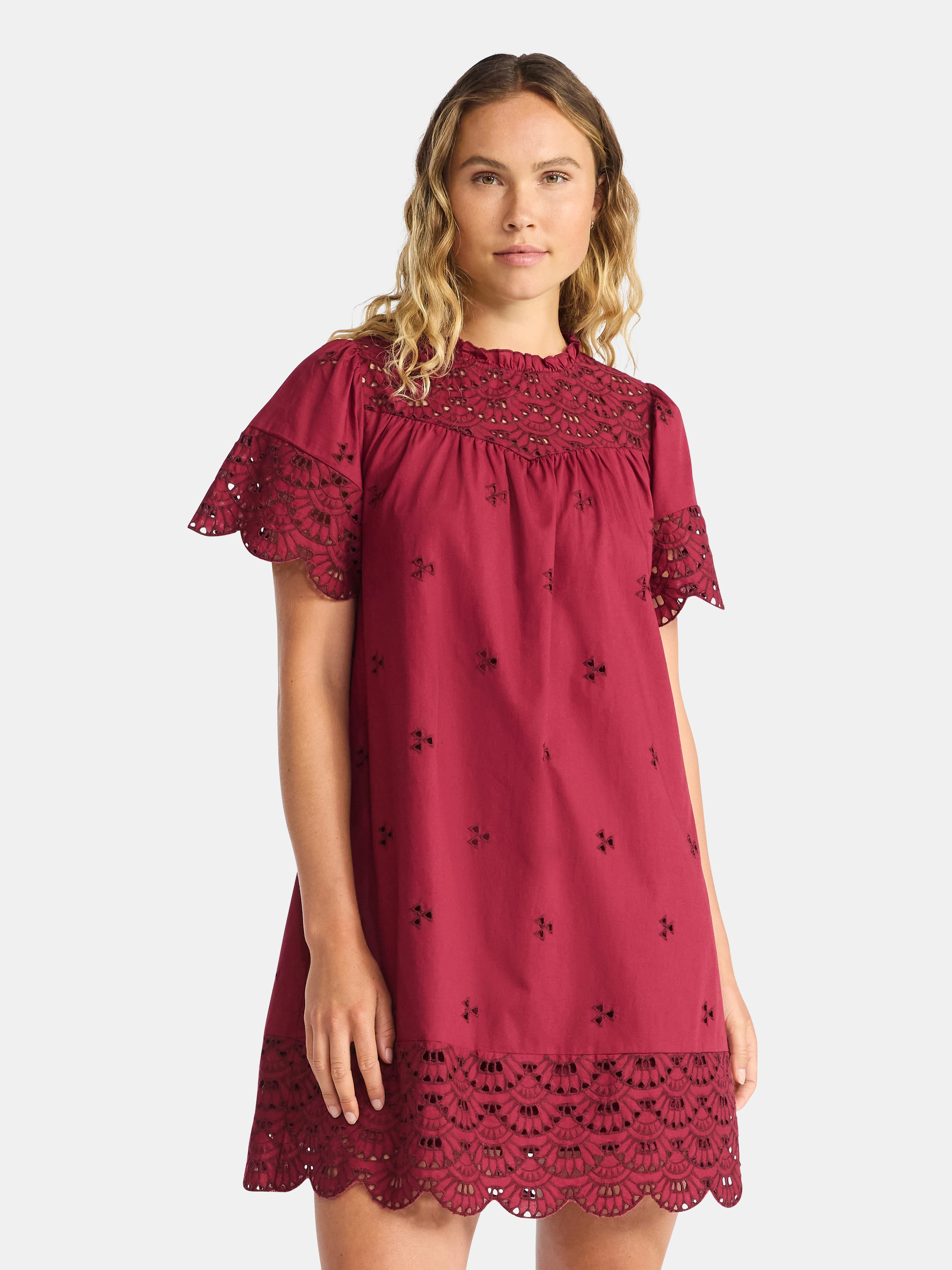 Time and Tru Women's Cotton Eyelet Mini Dress with Short Sleeves, Sizes XS-XXXL | Walmart (US)