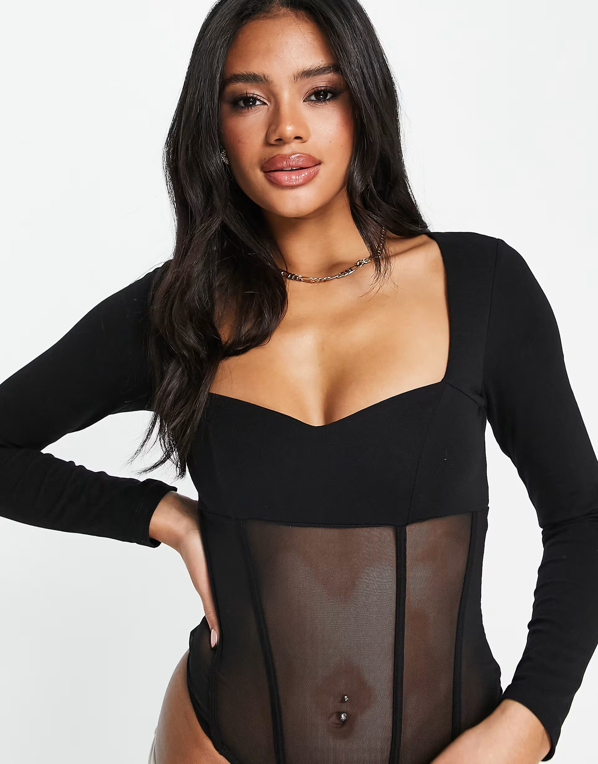 ASOS DESIGN corset style sweetheart neck mesh bodysuit in black | ASOS (Global)