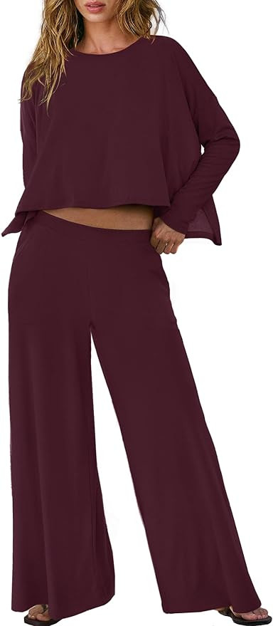 Panadila Womens Oversized Lounge Sets 2 Piece Matching Pajama Sets Long Sleeve Crop Top and Wide ... | Amazon (US)