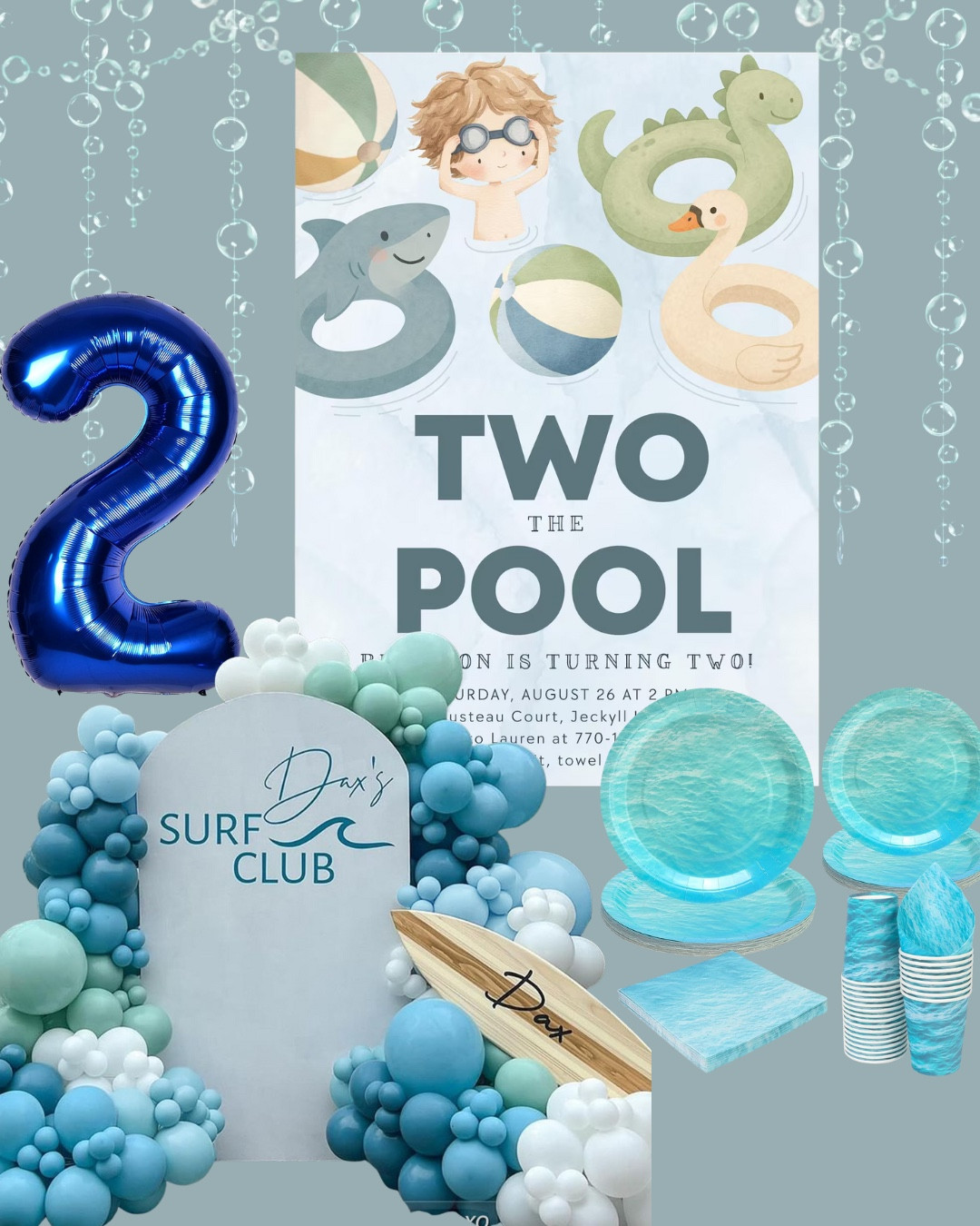 To the pool birthday party! Boys birthday party, blue birthday party decor, Amazon birthday decor, ideas spring birthday party second birthday, beach, birthday party, party planning￼