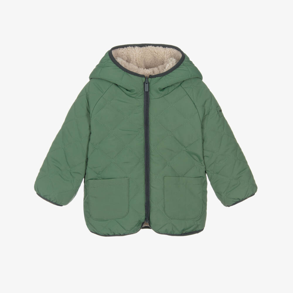 Boys Green & Ivory Reversible Teddy Fleece Coat | Childrensalon