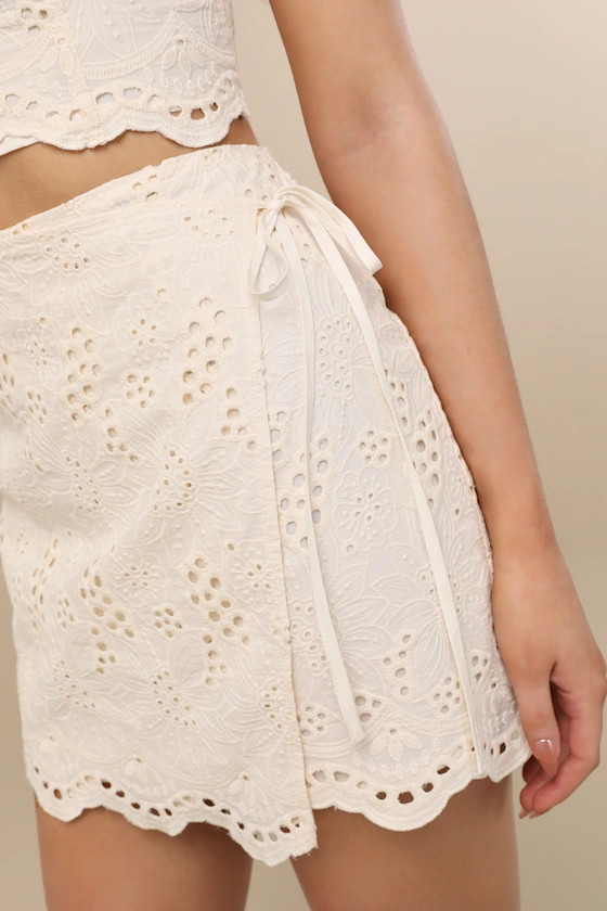 Kamilla Cream Eyelet Embroidered Mini Wrap Skirt | Lulus