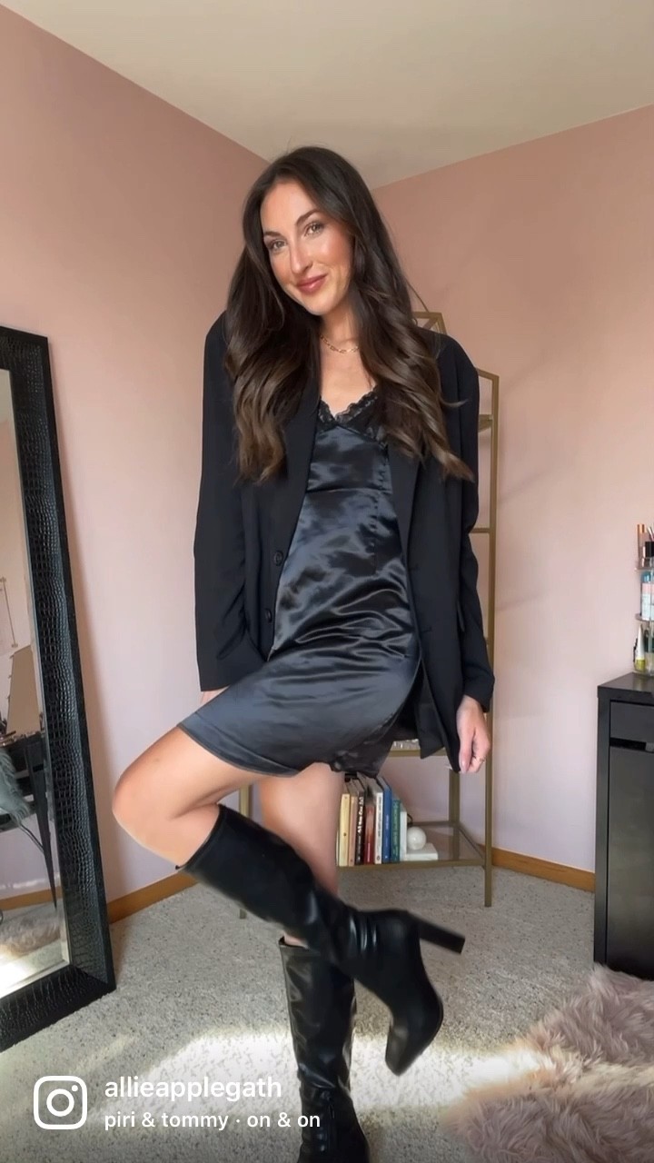 LBD, black dress, slip dress, oversized blazer, black boots, knee high boots

#LTKstyletip #LTKshoecrush #LTKSeasonal