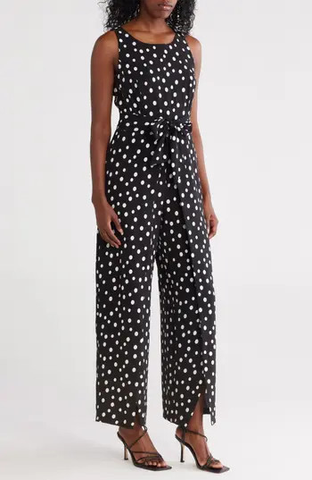 Connected Apparel Polka Dot Sleeveless Tie Waist Jumpsuit in Black at Nordstrom Rack, Size 4 | Nordstrom Rack