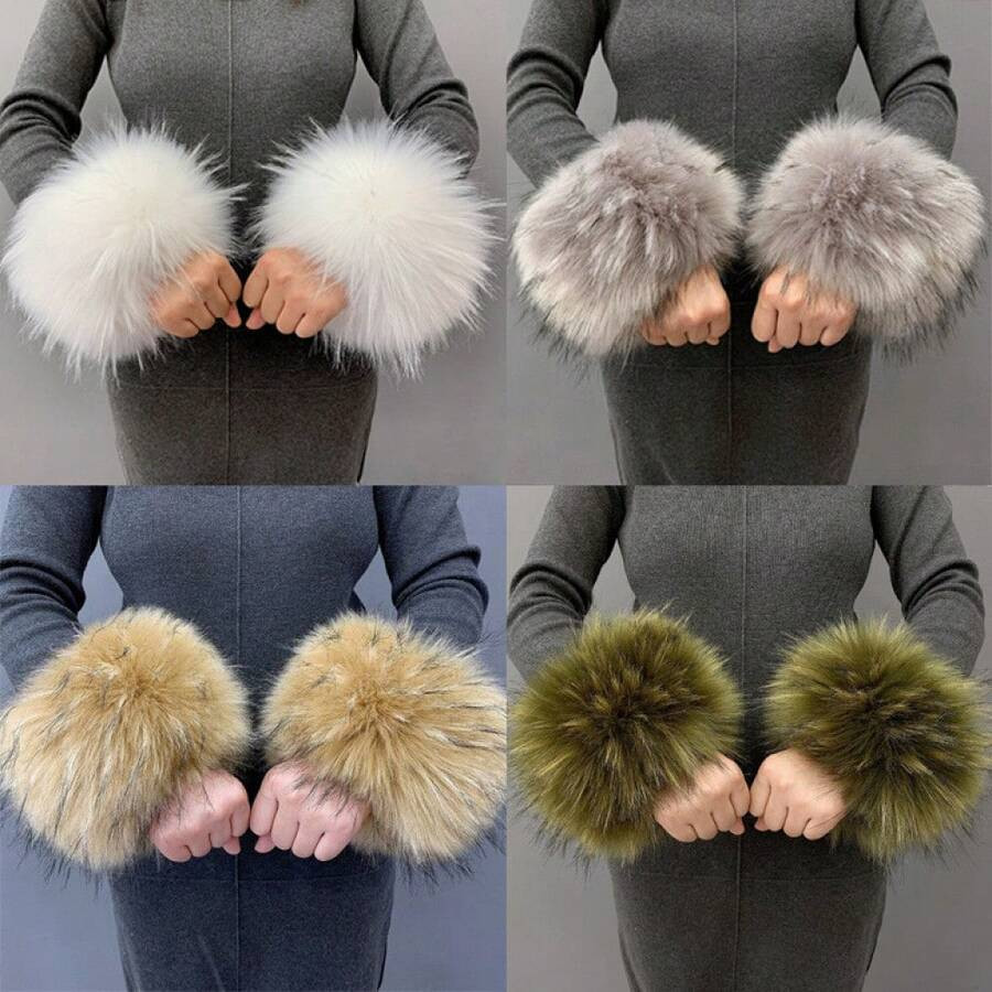 1 Pair Faux Fur Pom Pom Hand Wrist Wrap Sleevelet Rabbit Fur Imitation Bracelet Cuff | SHEIN