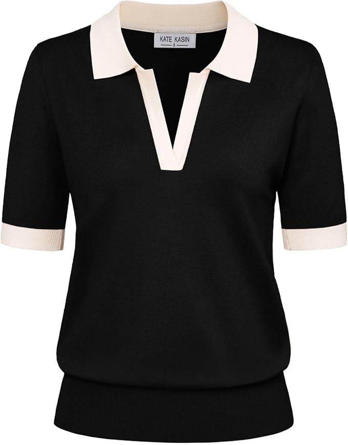 Kate Kasin Women Short Sleeve Polo Sweater V Neck Knitted Tops Casual Ribbed Shirt Loose Pullover... | Amazon (US)