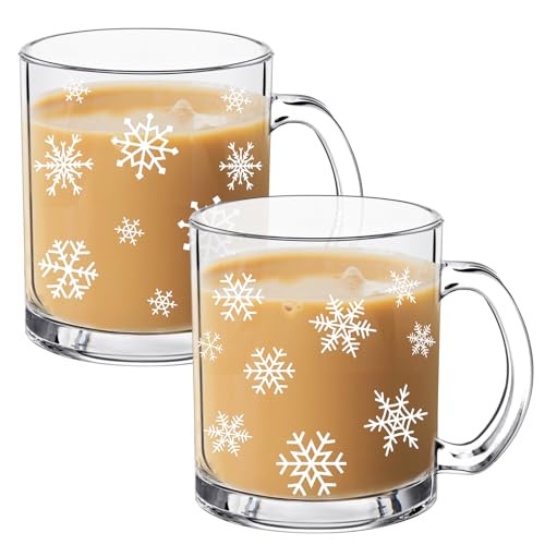 Tioncy 2pcs Christmas Snowflake Glass Coffee Mugs with Handle 12oz Christmas Snowflake Glass Cup Winter Holiday Mugs for Xmas Home Office Gifts | Amazon (US)