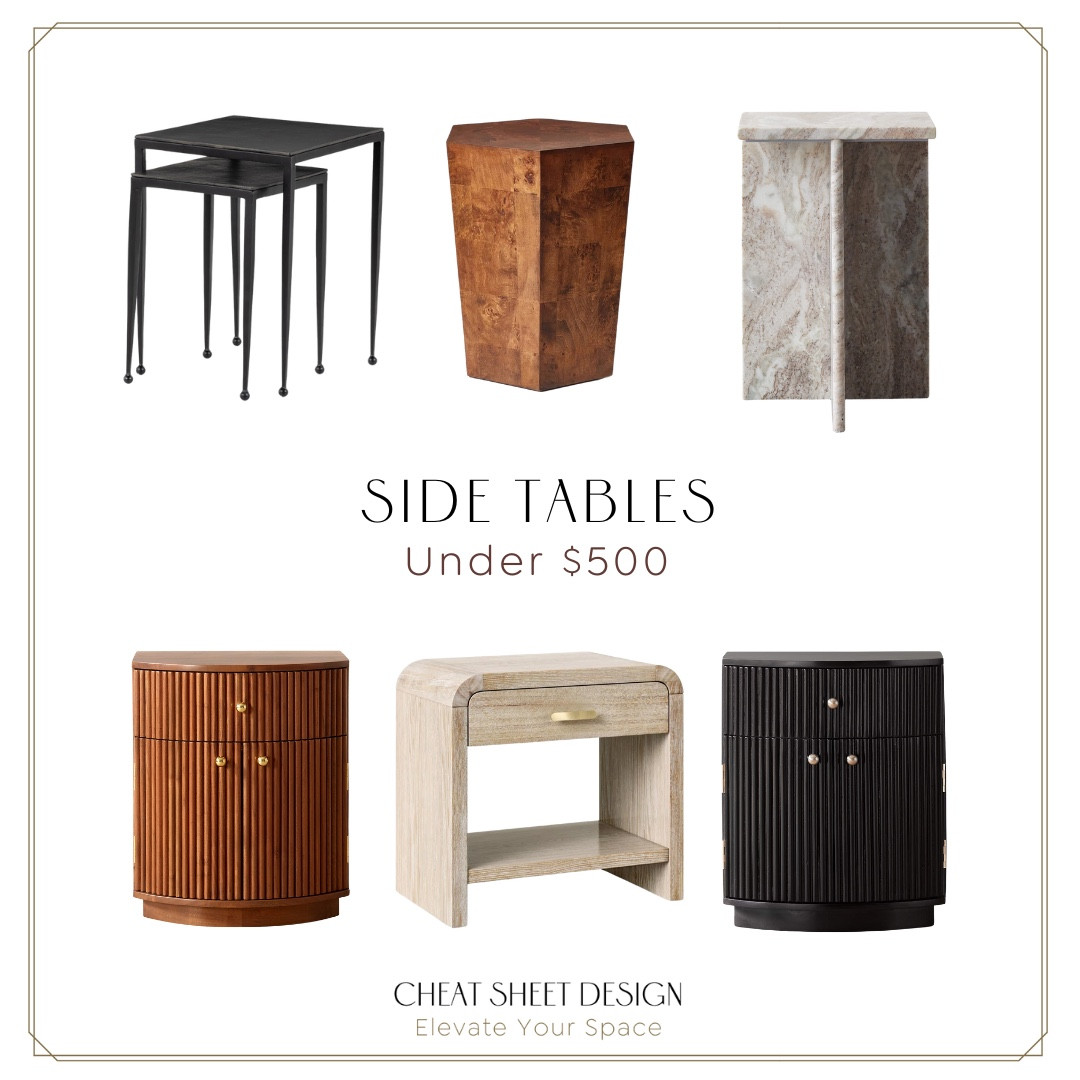 The ideal height for a side table should be within 2 inches of the arm of a sofa or chair for convenient access. When dealing with armless furniture, align the table height with the seat height. For instance, if the sofa arm measures 22 inches, the table should range from 20 to 24 inches in height. Nightstands can also double as side tables, providing additional storage and surface space. These are client favorites for a reason!  Burled wood tables, iron nesting tables, marble T table, fluted nightstands, and a light oak nightstand.

#LTKHome #LTKFamily #LTKStyleTip