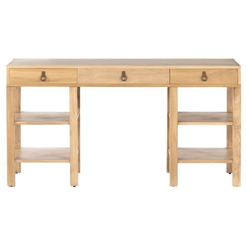 Luca Rustic Lodge Beige Wood Brown Leather Iron 3 Drawer Dovetail Desk | Kathy Kuo Home