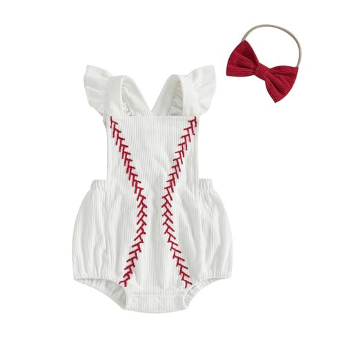 KtwHarnu Infant Baby Girl Baseball Outfit Ruffle Sleeveless Bubble Romper Corduroy Overalls Bodysuit Newborn Summer Clothes (White, 3-6 Months) | Amazon (US)