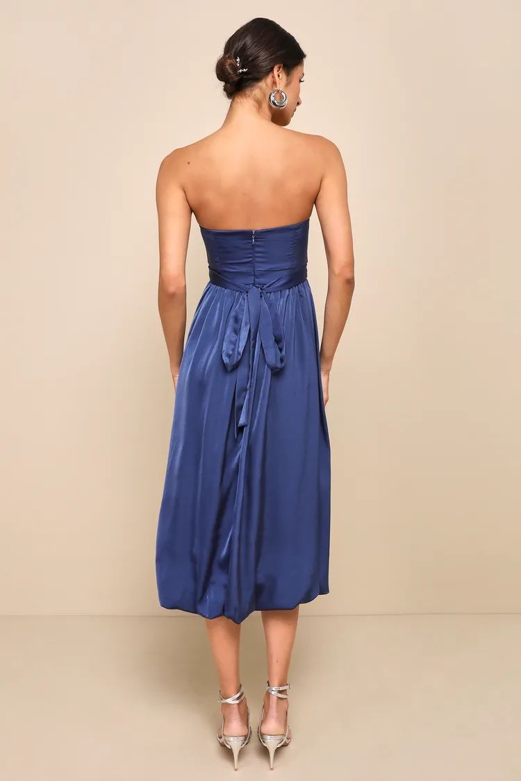 Lavish Elegance Navy Blue Satin Strapless Bubble-Hem Midi Dress | Lulus