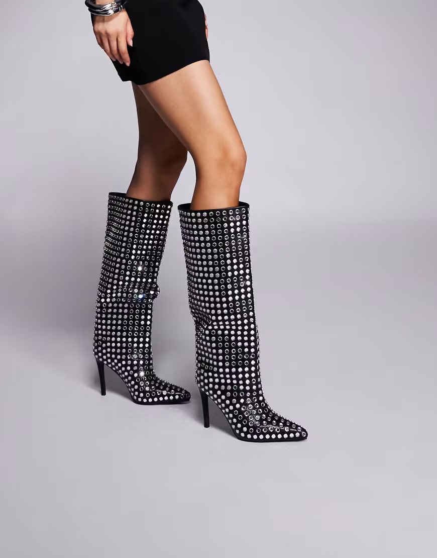 Azalea Wang Cutler stiletto heel embellished knee boots in black | ASOS (Global)