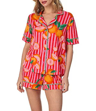Room Service Citrus Stripe Short Sleeve Notch Collar Cozy Jersey Knit Shorty Pajama Set - XL | Dillard's