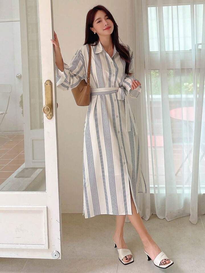 DAZY Striped Print Belted Shirt Dress | SHEIN