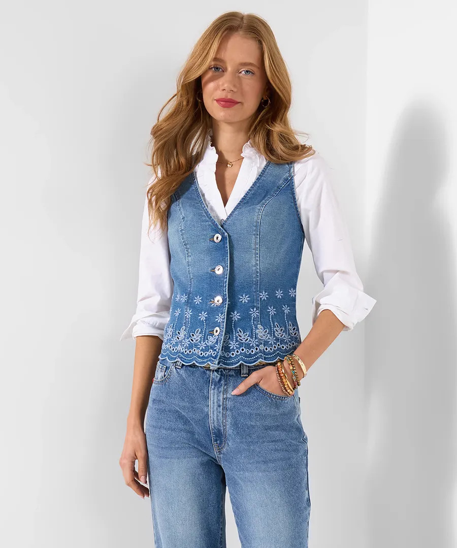 Lola Embroidered Denim Waistcoat | Joe Browns