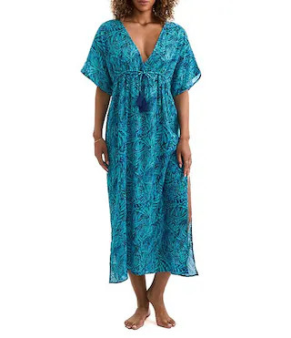 Mimi Flamingo Dylan Flora Palm Leaf Print Plunge Neck Midi Caftan Swim Cover-Up | Dillard's | Dillard's