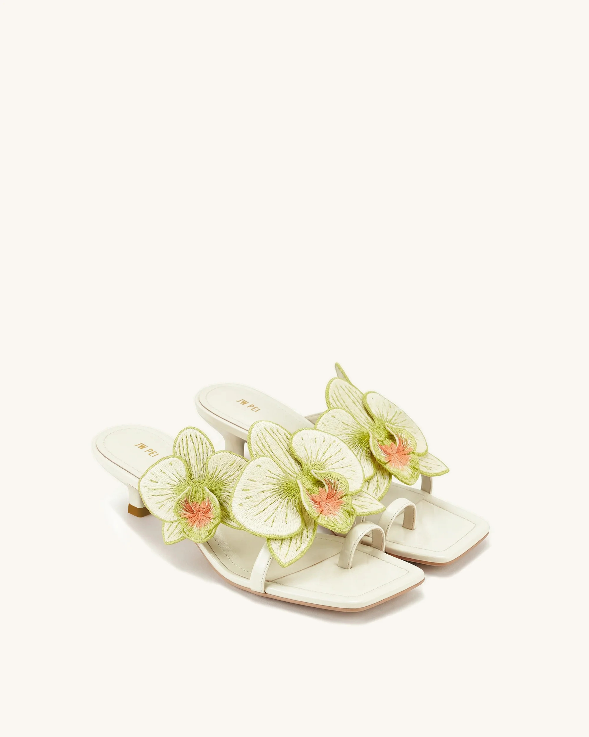 Serena Orchid Embroidered Toe Ring Heeled Sandals - Ivory Green | JW PEI US