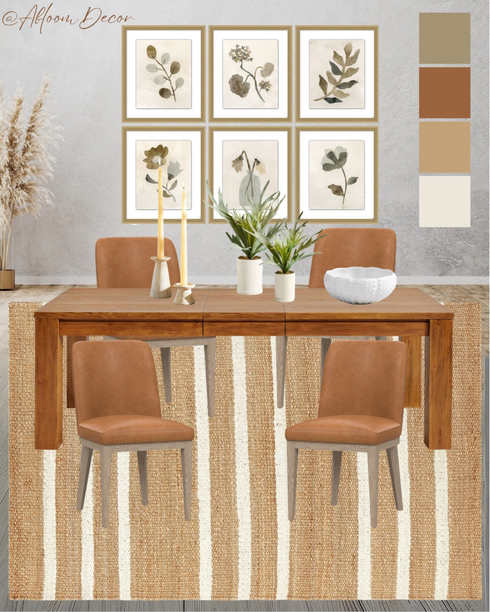 This dining room design has a warm, natural feel with its earthy color palette and botanical wall art. The wood table and leather chairs add a cozy, rustic touch, while the striped rug and simple decor create a relaxed and inviting atmosphere .

#LTKHome