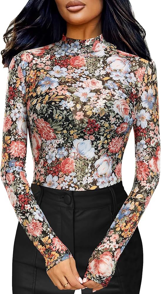 Women Mesh Top Floral Mesh Long Sleeve Tops Mock Neck See Through Tops Fitted Sexy Going Out Tops | Amazon (US)