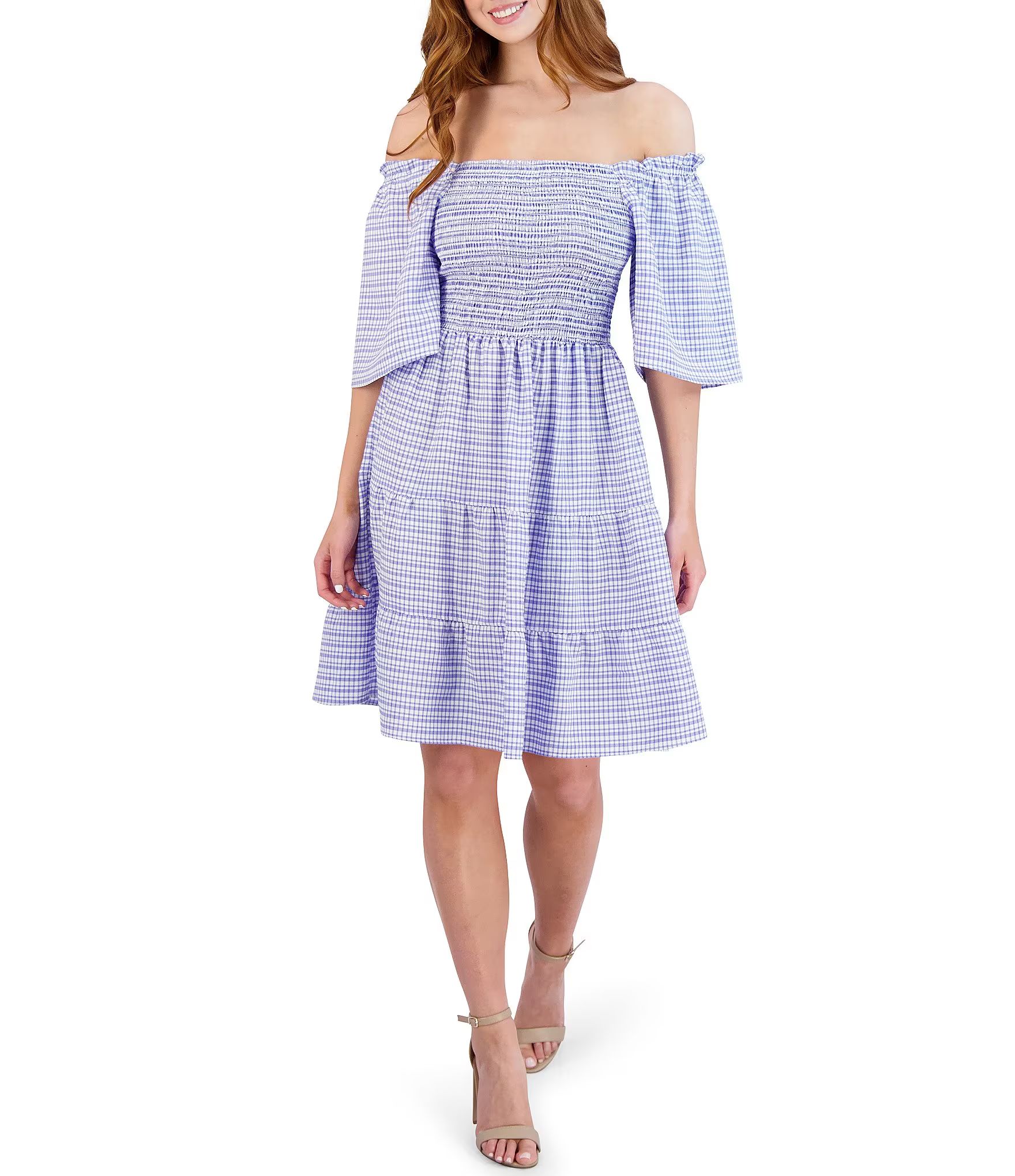 Striped Print Short Puffed Sleeve Square Neck A-Line Dress | Dillard's