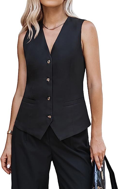 Hotouch Womens Casual Suit Vest Fully Lined 4 Button V-Neck Regular Fitted Dress Vests Waistcoat ... | Amazon (US)
