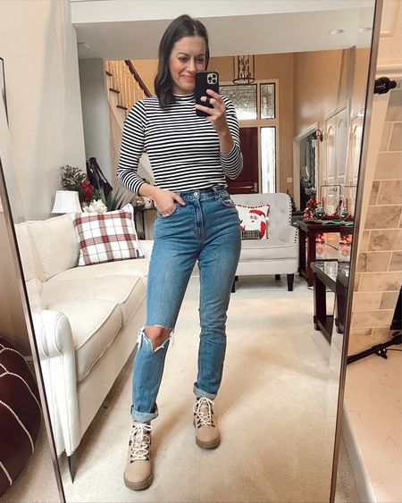 Abercrombie jean sle - winter outfit - slim straight leg jeans (runs small, I sized up, amazon mockneck tee (true to size to small, size up if in between) Target boots (I sized up 1/2 a size) 

#LTKSeasonal #LTKstyletip #LTKxAF