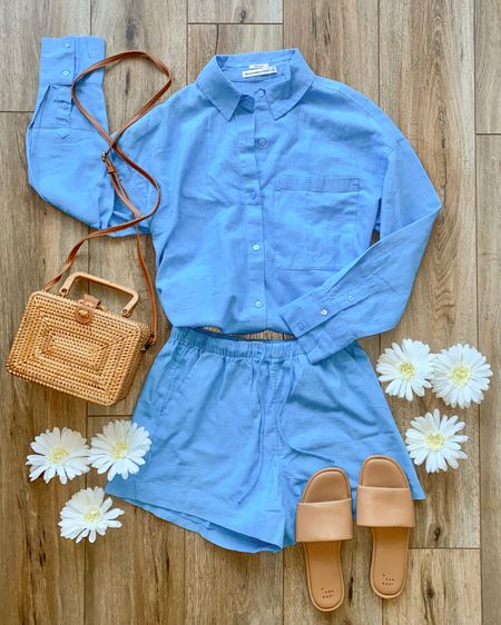 Spring outfit. Matching set. Linen set. Blue linen shorts. Swimsuit cover-up. Vacation outfit.

#LTKSale #LTKFind #LTKSeasonal