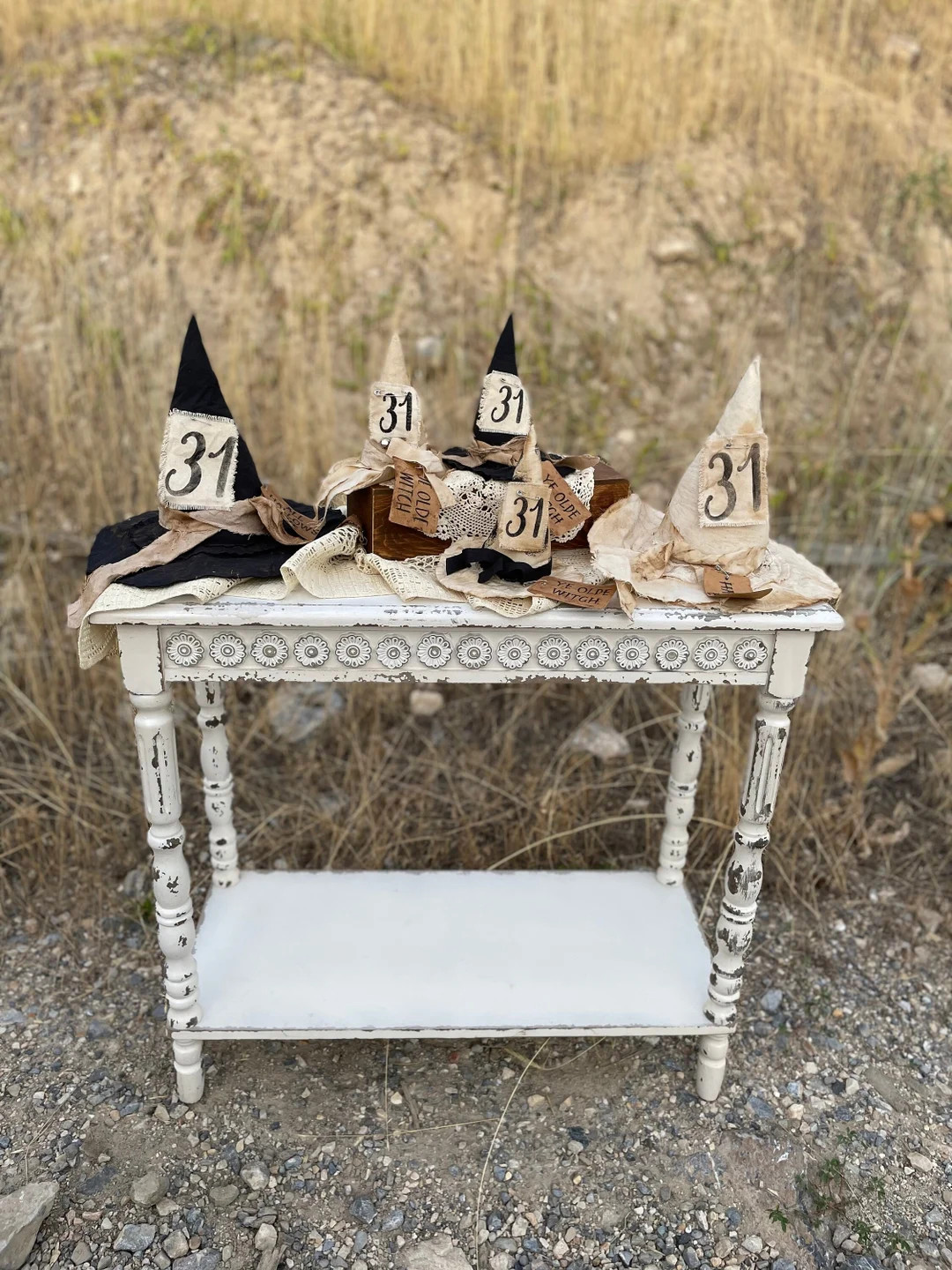 Primitive old witches hat table decor, prim halloween primitive shelf sitters, witchy, grungy old... | Etsy (US)