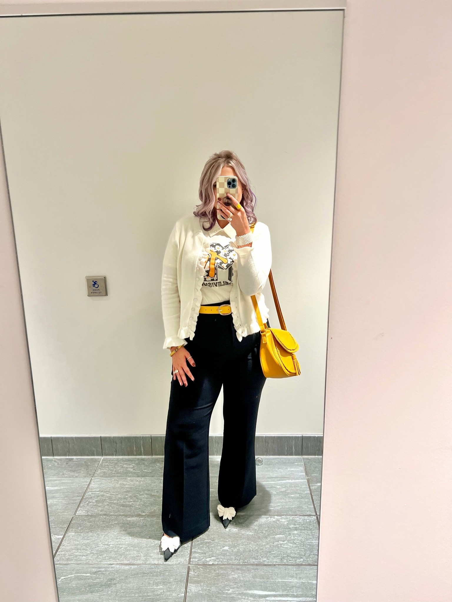 Mirror selfie sharing my easy and fun outfit for work 🌼

mtv graphic tee, graphic, floral, graphic tee, graphic t-shirt, t-shirt, yellow, pop of color, saddle bag, high-waisted, trousers, work pants, flare pants, flare trousers, flares, mules, pearl, bow, embellished, cardigan, ruffle, ivory, black, workwear, edgy workwear, statement, yellow belt, yellow jewelry, pearls, pearl bracelet, pearl ring, gold ring, gold jewelry, faux collar, pearl collar, dicky, feminine

#LTKootd #LTKWorkwear #LTKSaleAlert