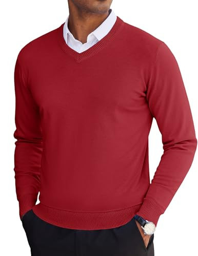 Men's V Neck Pullover Sweater Long Sleeve Casual Dress Sweater Slim Fit Knit Cashmere Lightweight Thin Sweaters Deep Red Large | Amazon (US)