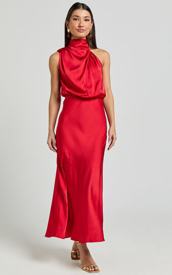 Minnie Midi Dress - Drape Neck Satin Slip Dress in Red | Showpo (US, UK & Europe)