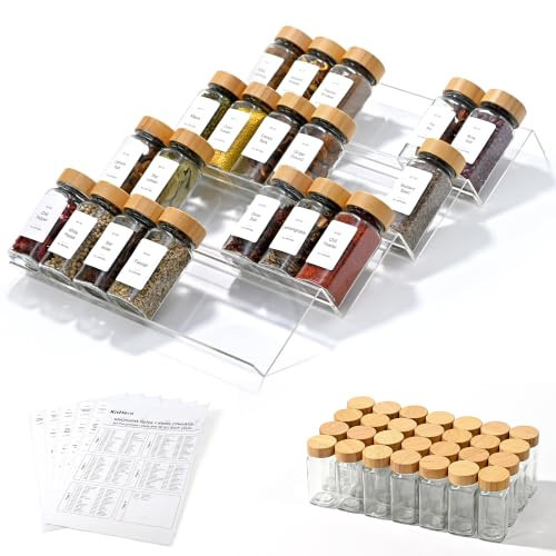 KitHero Acrylic Spice Drawer Organizer with 28 Spice Jars and 216 Labels,Non-slip Rubber, 4 Tier Spice Racks Tray Seasoning Containers for Kitchen Drawers,Cabinets,Countertops,13" Wide * 18" Deep | Amazon (US)